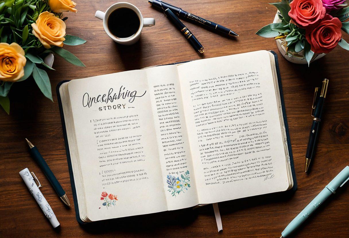 A beautifully opened personal journal with handwritten notes and colorful sketches spilling onto the pages. Surround the journal with a soft glow of inspiration, including whimsical elements like a quill pen, watercolor palette, and vibrant flowers. In the background, a serene coffee shop with warm lighting and cozy decor, inviting the viewer into a world of reflection and creativity. The title 'Unleashing Your Story' elegantly displayed above in flowing script. super-realistic. warm tones. inviting atmosphere.