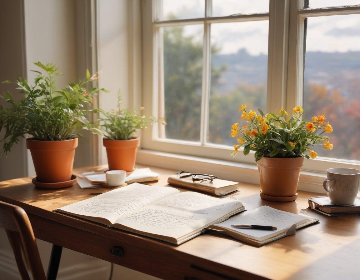 A serene writing desk by a large window, sunlight streaming in. On the desk are an open journal filled with handwritten notes, a steaming cup of tea, and blooming potted plants, creating an atmosphere of reflection and inspiration. Soft clouds drifting outside, suggesting a moment of pause and creativity. The scene conveys warmth and authenticity. super-realistic. vibrant colors. soft focus.